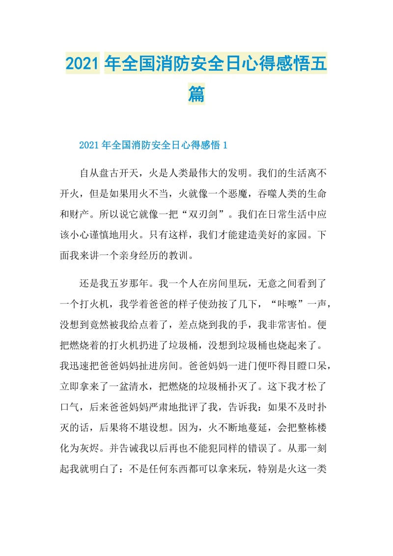 2021年全国消防安全日心得感悟五篇.doc_第1页