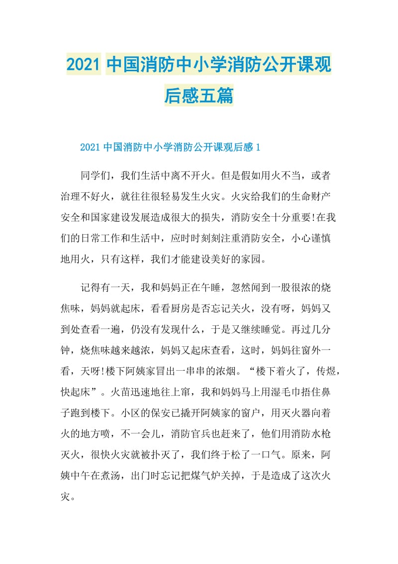 2021中国消防中小学消防公开课观后感五篇.doc_第1页