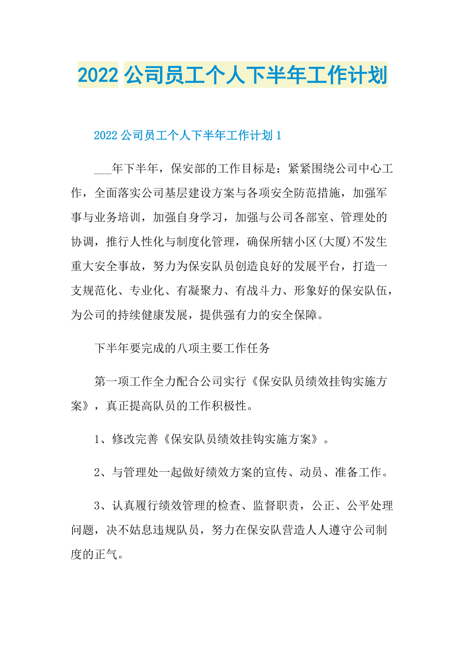 2022公司员工个人下半年工作计划.doc_第1页