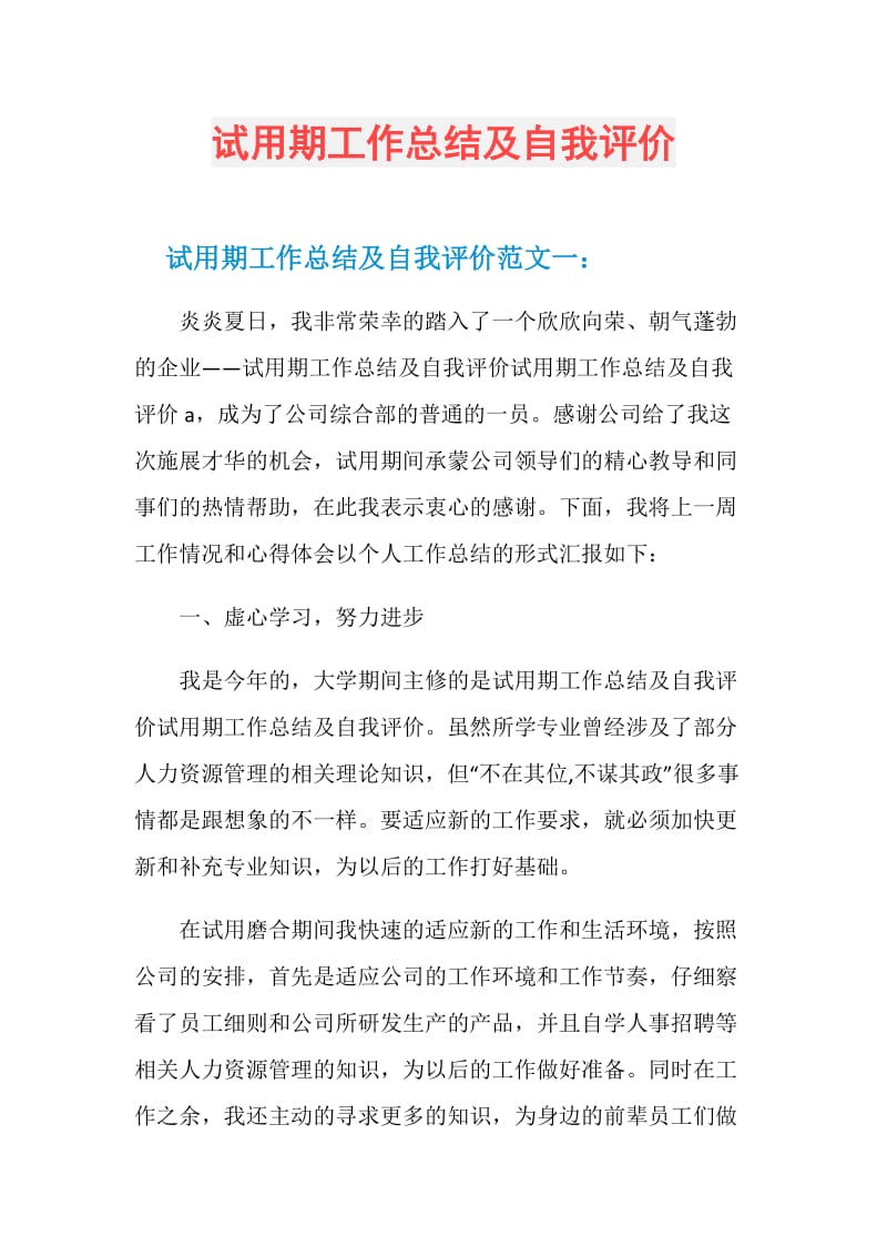 试用期工作总结及自我评价.doc_第1页