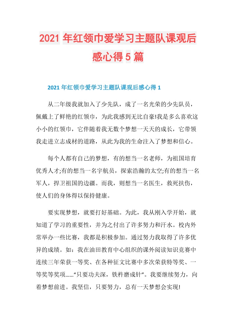 2021年红领巾爱学习主题队课观后感心得5篇.doc_第1页