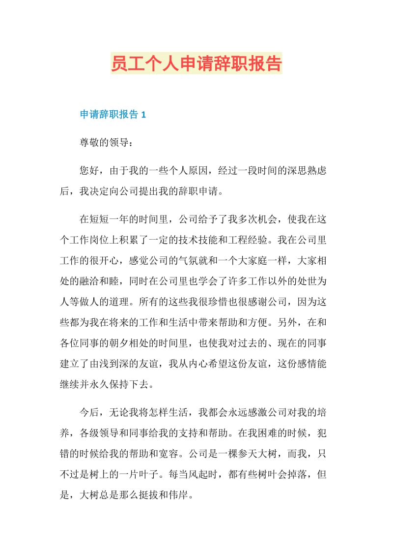 员工个人申请辞职报告.doc_第1页