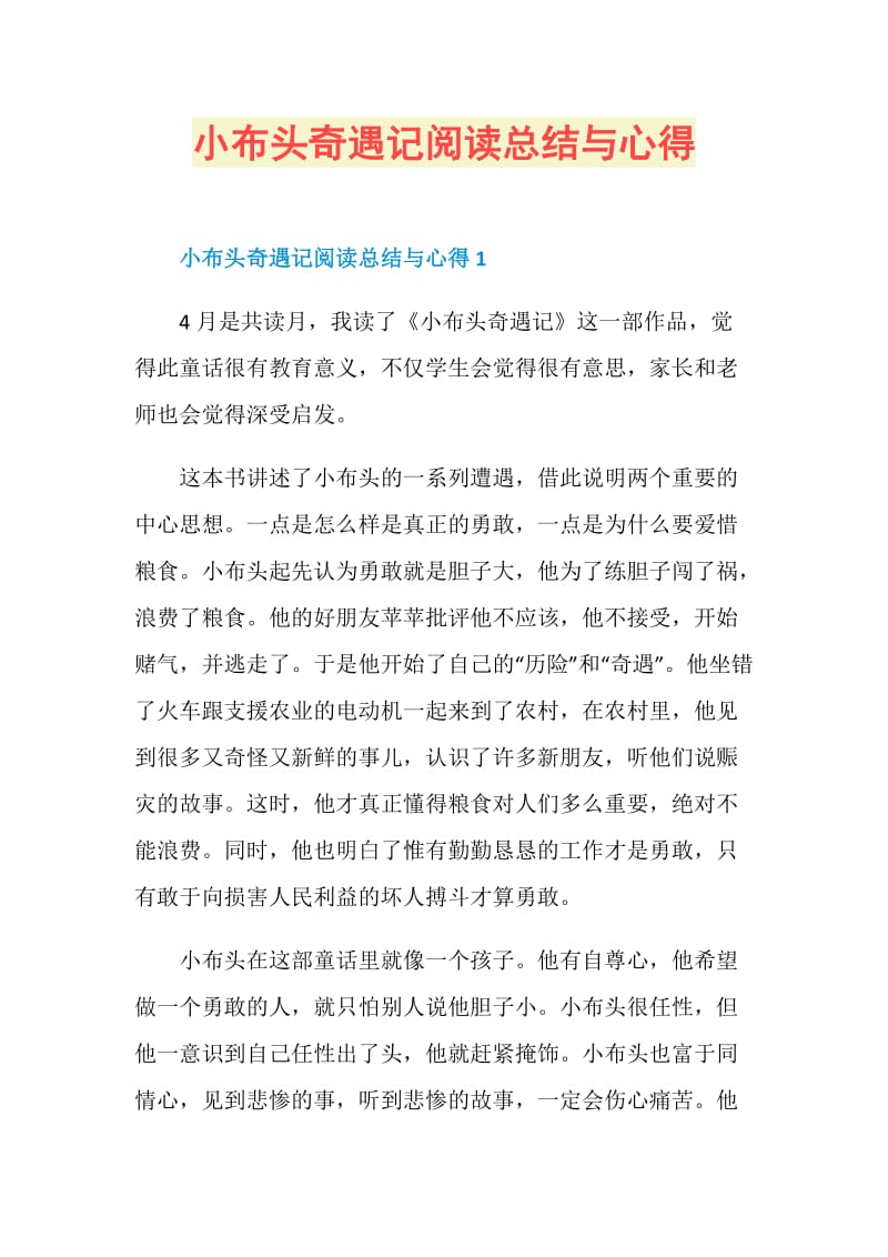 小布头奇遇记阅读总结与心得.doc_第1页