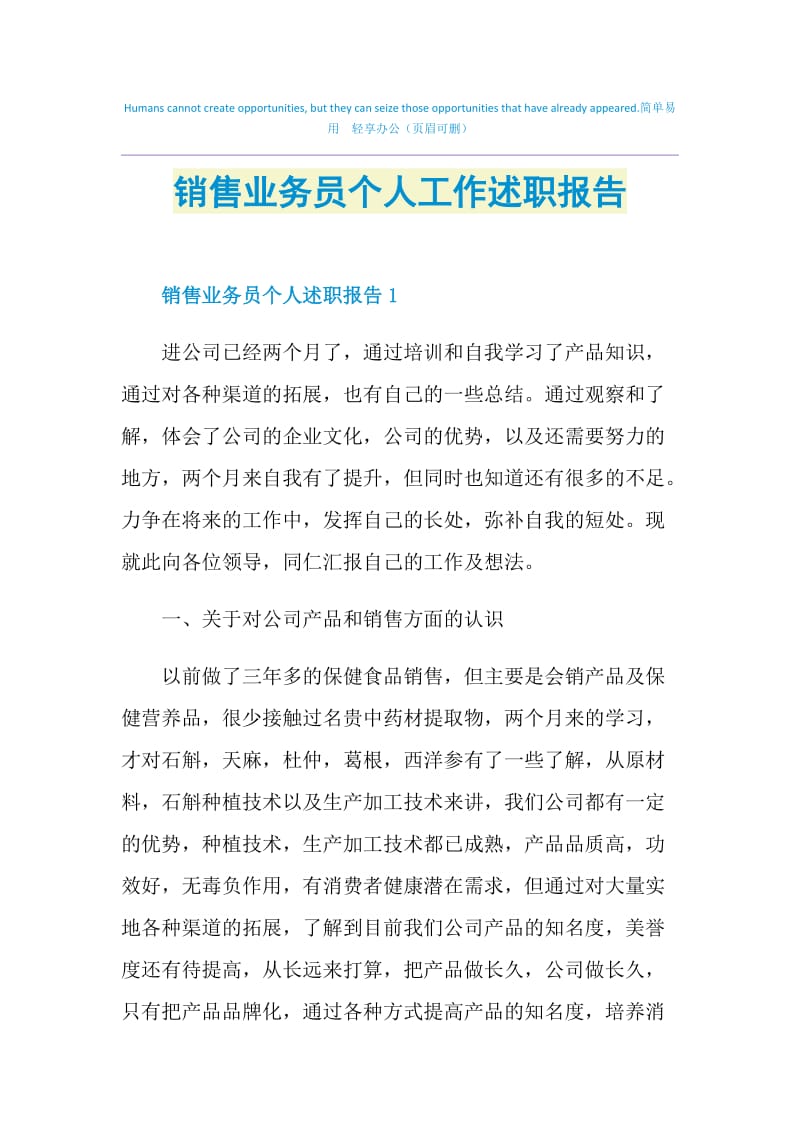 销售业务员个人工作述职报告.doc_第1页