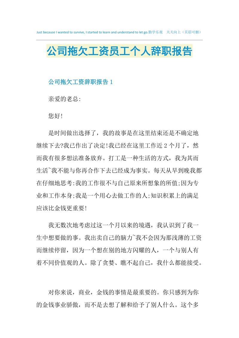 公司拖欠工资员工个人辞职报告.doc_第1页