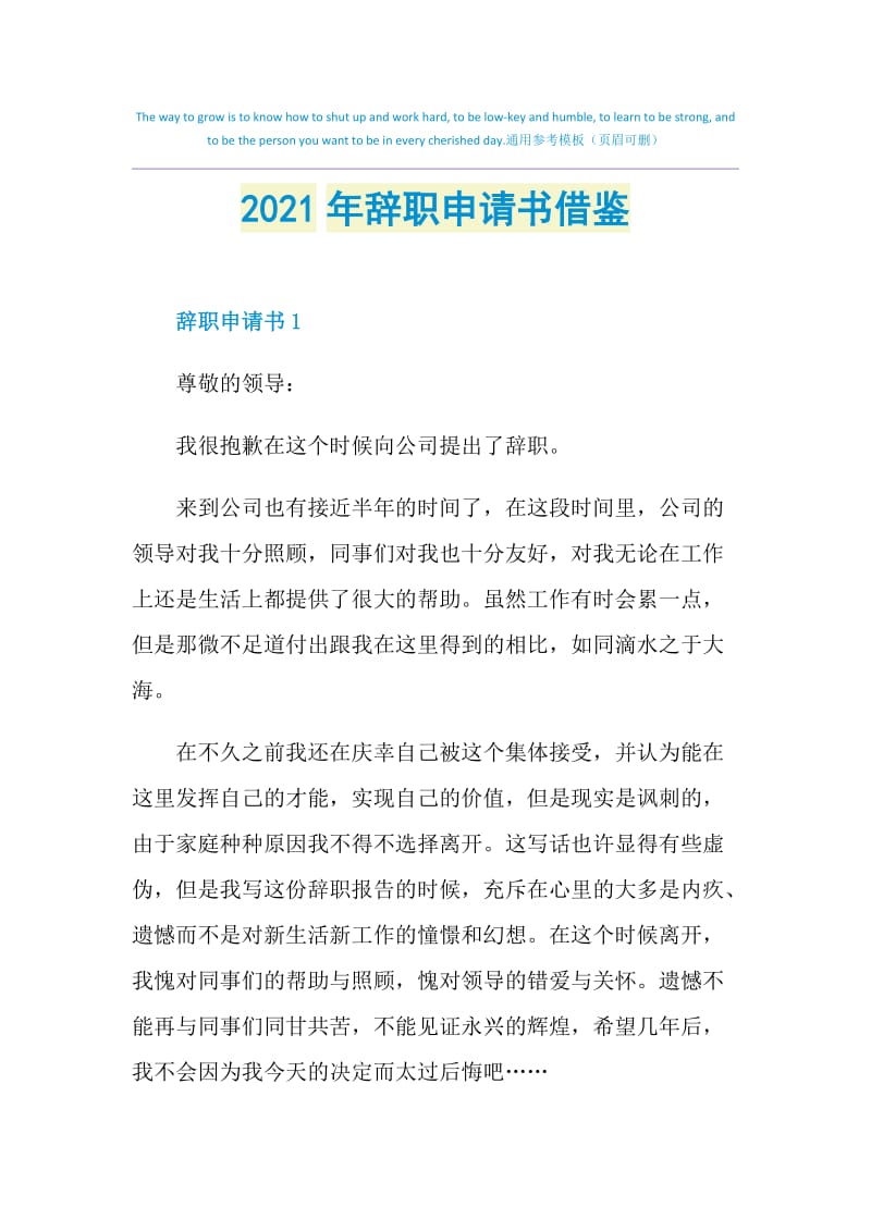 2021年辞职申请书借鉴.doc_第1页