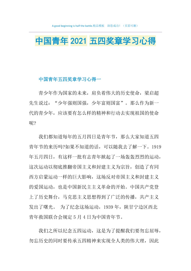 中国青年2021五四奖章学习心得.doc_第1页