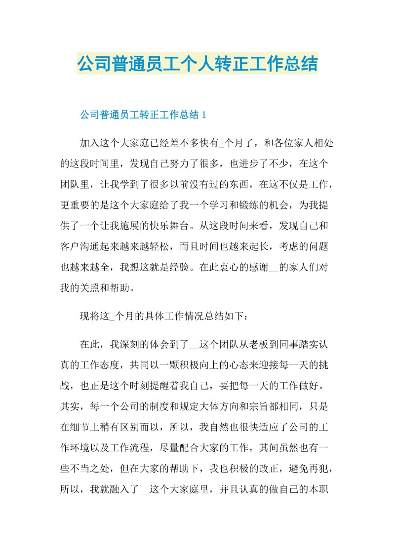 公司普通员工个人转正工作总结.doc_第1页