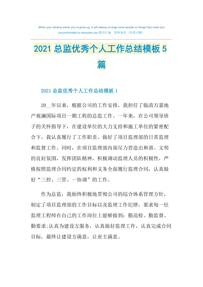 2021总监优秀个人工作总结模板5篇.doc_第1页