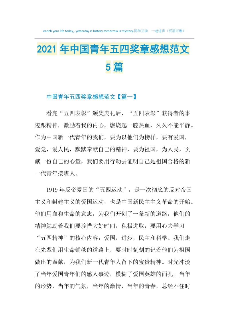 2021年中国青年五四奖章感想范文5篇.doc_第1页