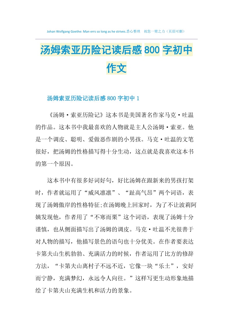 汤姆索亚历险记读后感800字初中作文.doc_第1页