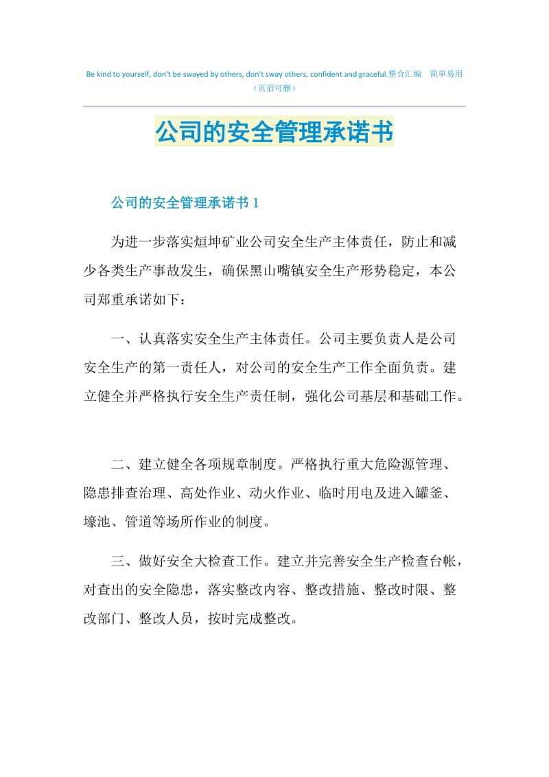 公司的安全管理承诺书.doc_第1页