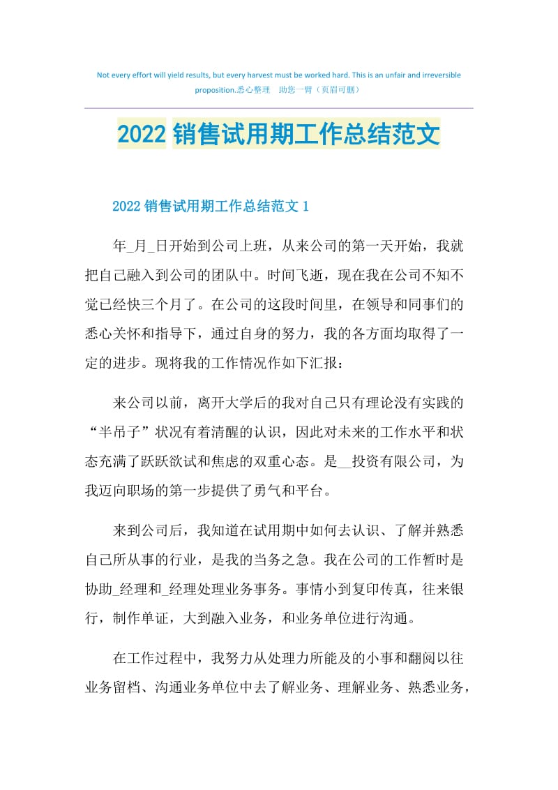 2022销售试用期工作总结范文.doc_第1页