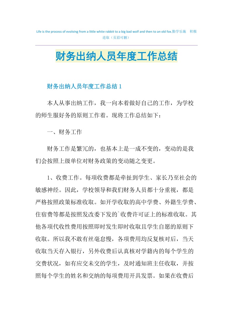 财务出纳人员年度工作总结.doc_第1页