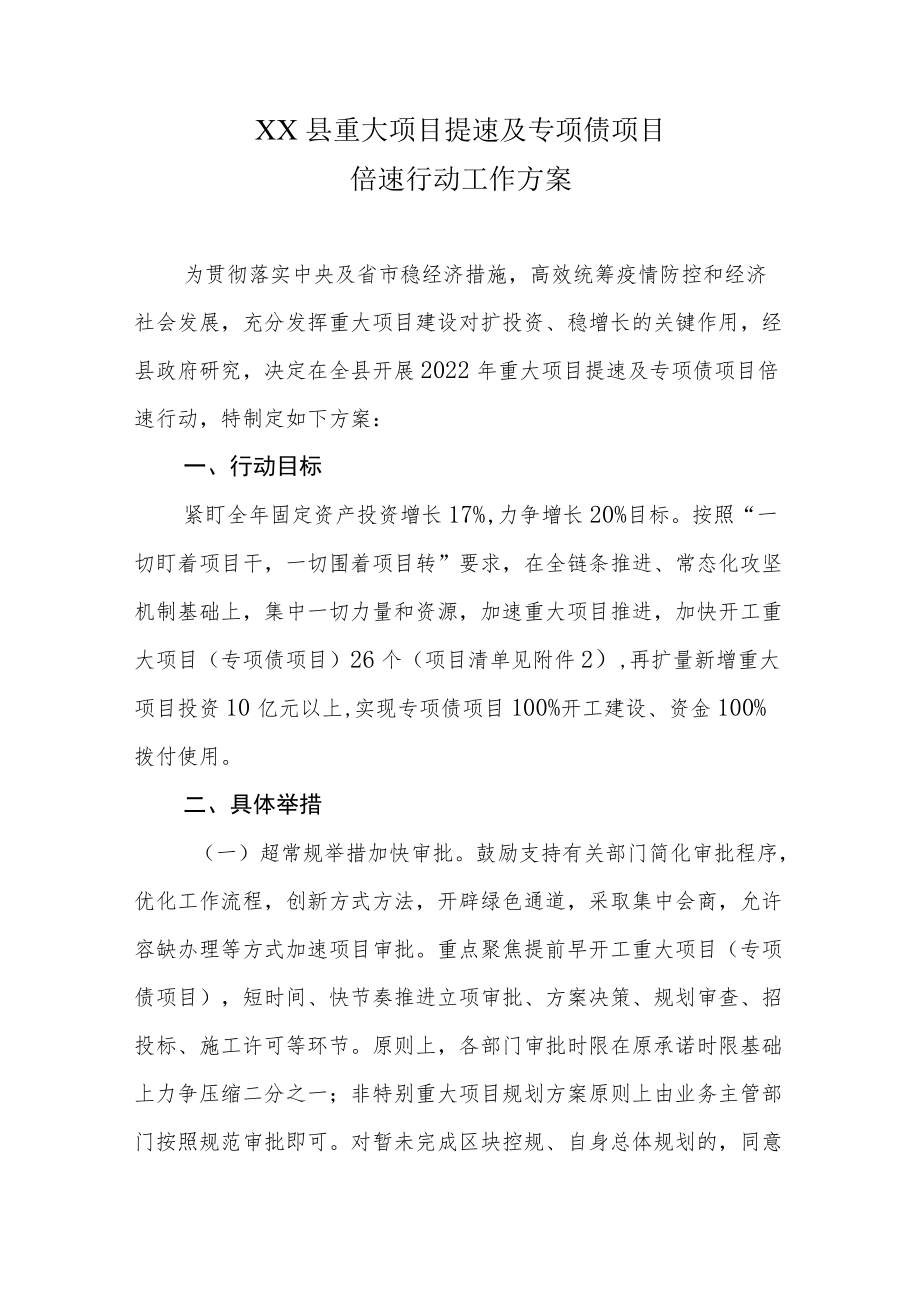 XX县重大项目提速及专项债项目倍速行动工作方案.docx_第1页