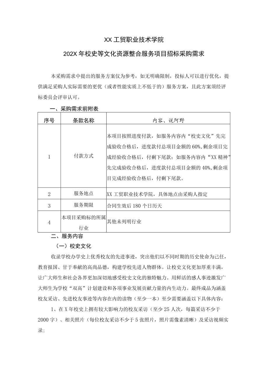 XX工贸职业技术学院202X校史等文化资源整合服务项目招标采购需求.docx_第1页