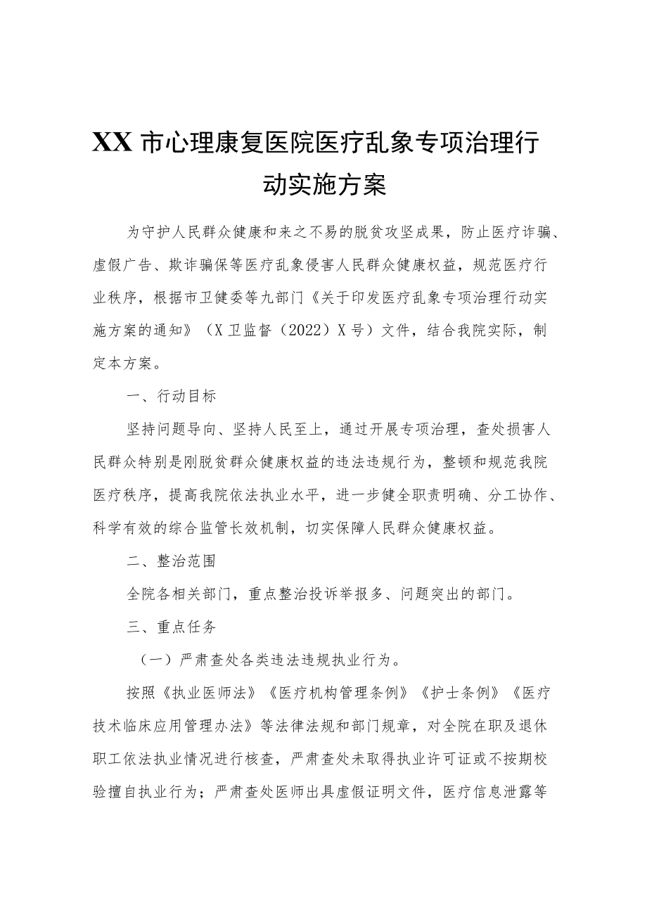 XX市心理康复医院医疗乱象专项治理行动实施方案.docx_第1页