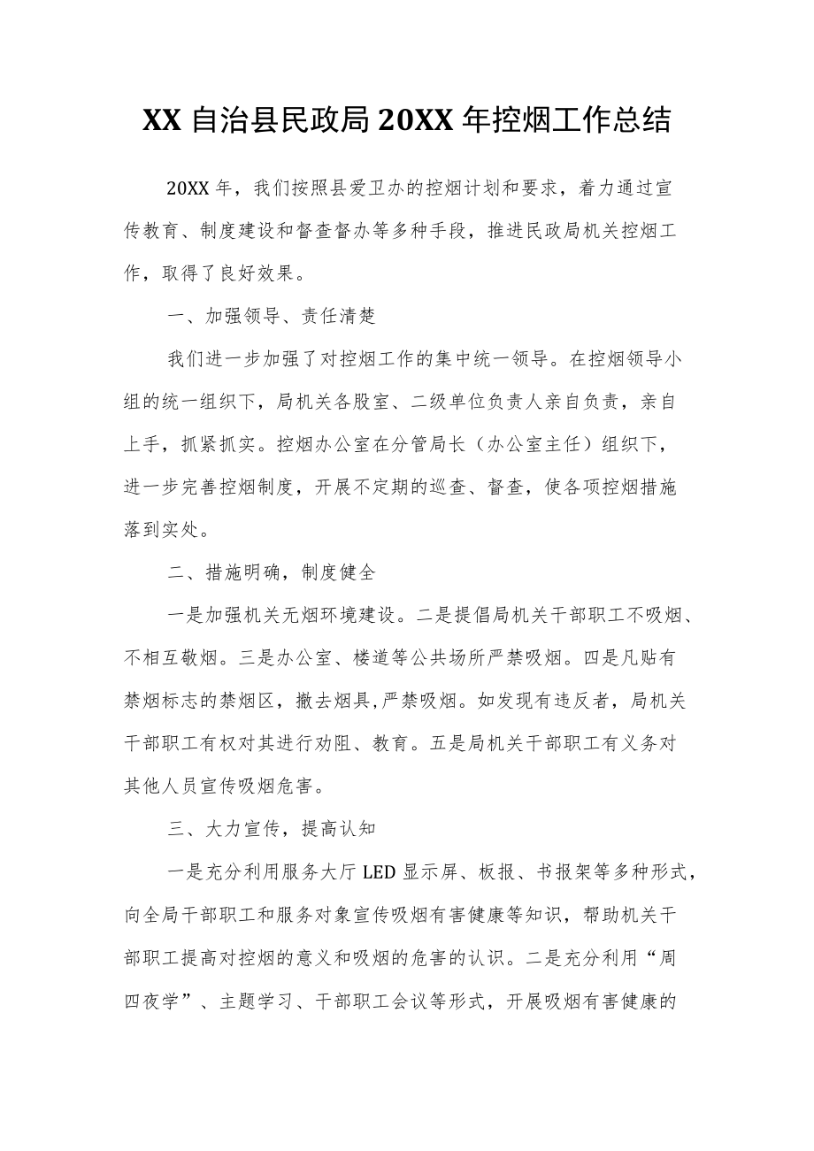 XX自治县民政局2021控烟工作总结.docx_第1页