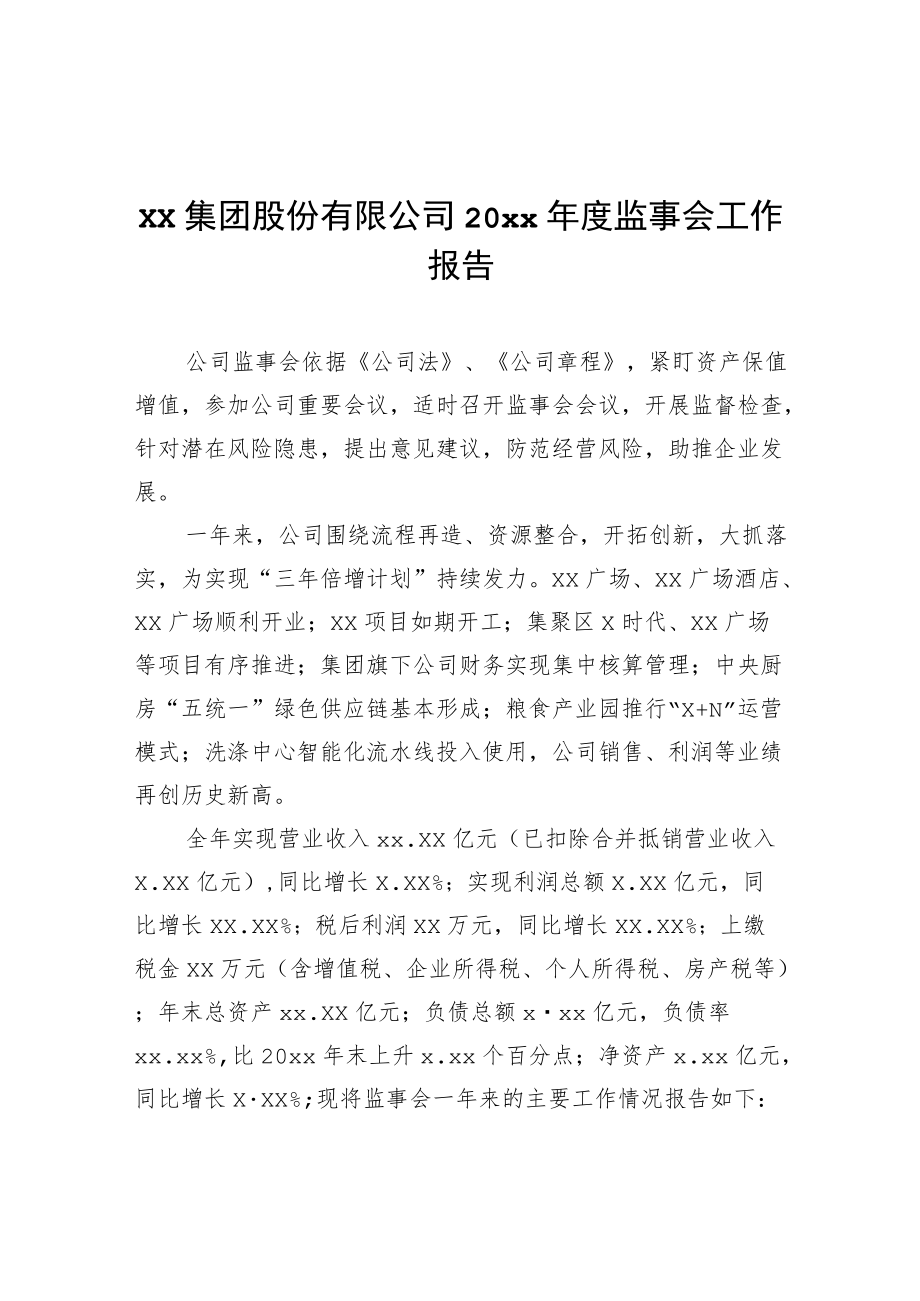 xx集团股份有限公司20xx监事会工作报告.docx_第1页