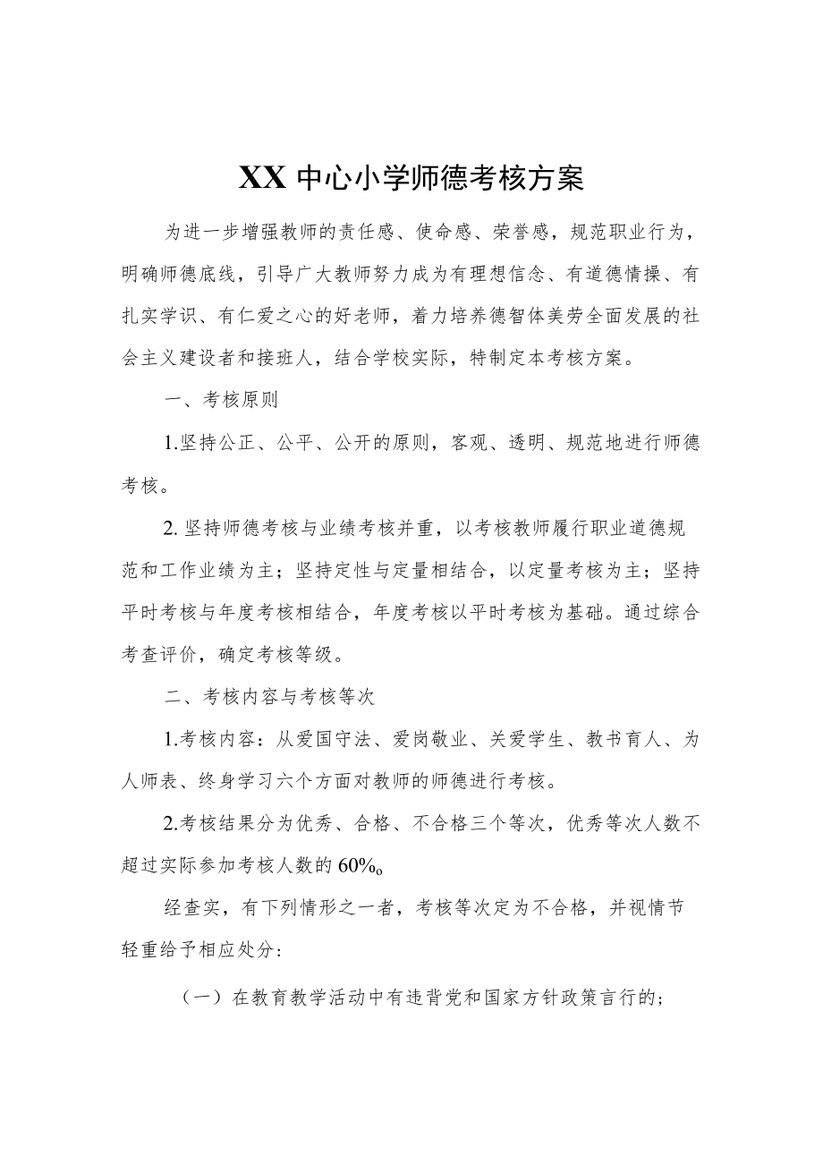 XX中心小学师德考核方案.docx_第1页