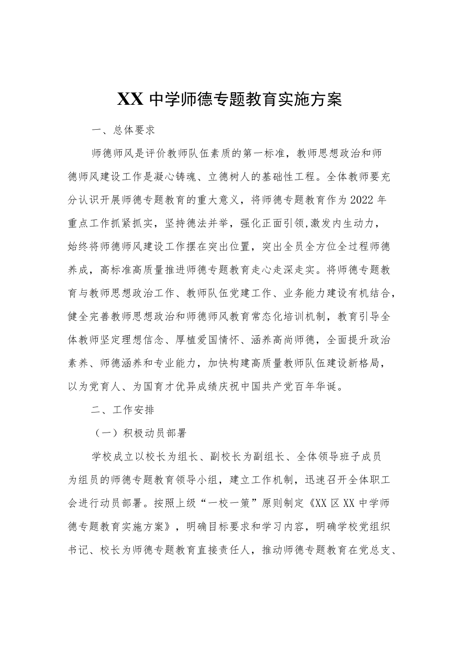 XX中学师德专题教育实施方案.docx_第1页