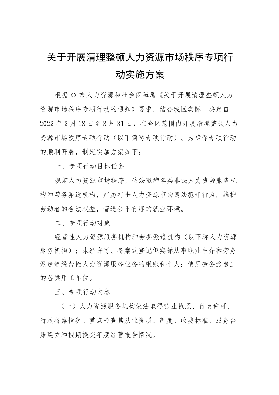 关于开展清理整顿人力资源市场秩序专项行动实施方案.docx_第1页