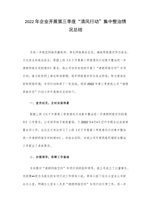 2022企业开展第三季度“清风行动”集中整治情况总结.docx