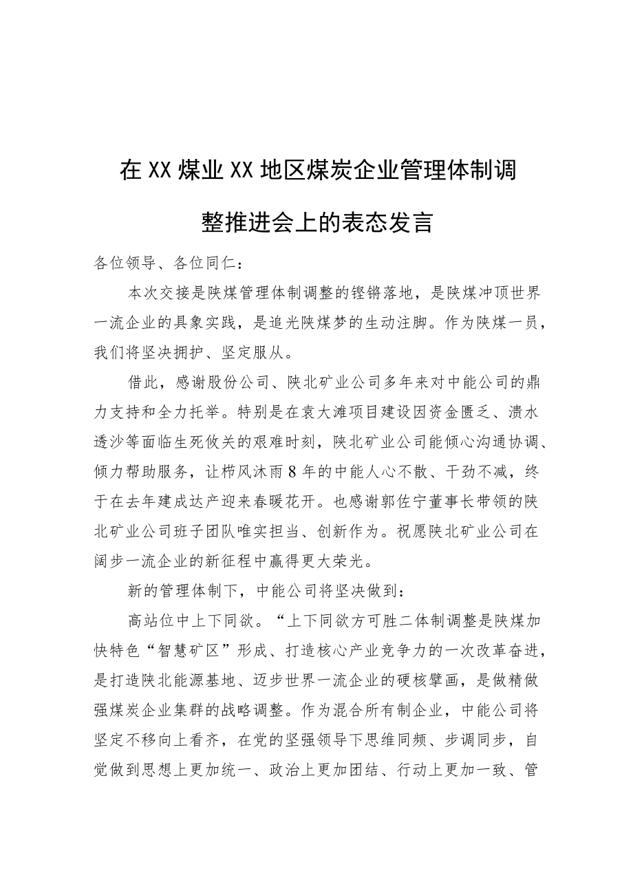 在XX煤业XX地区煤炭企业管理体制调整推进会上的表态发言.docx_第1页