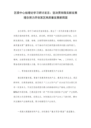 区委中心组理论学习研讨发言：坚决贯彻落实新发展理念努力开创某区高质量发展新局面.docx