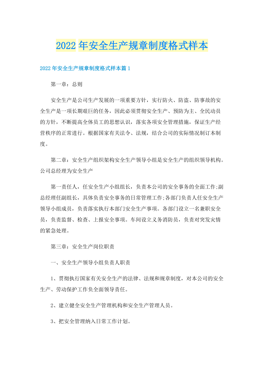 2022年安全生产规章制度格式样本.doc_第1页