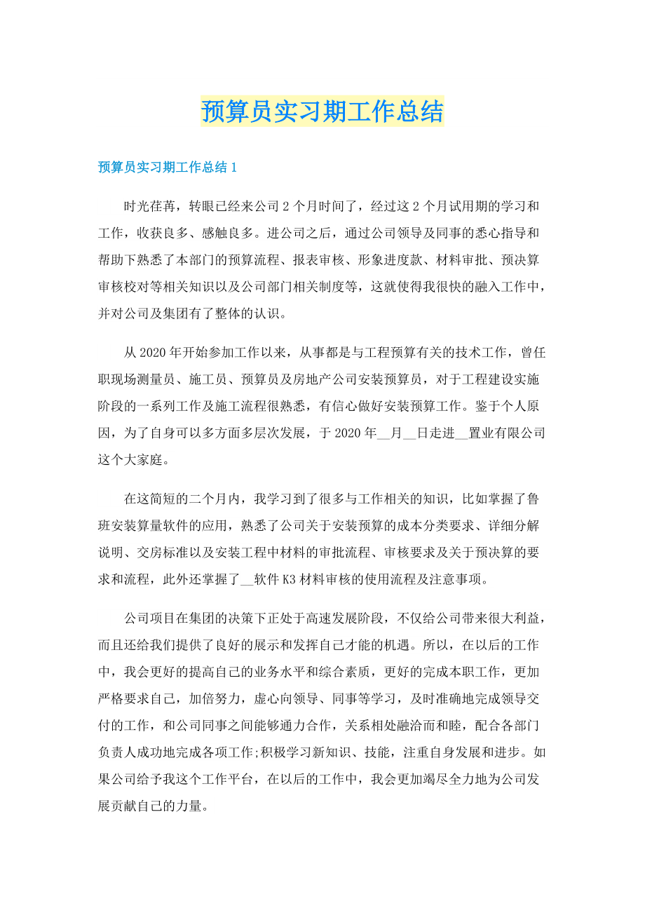 预算员实习期工作总结.doc_第1页