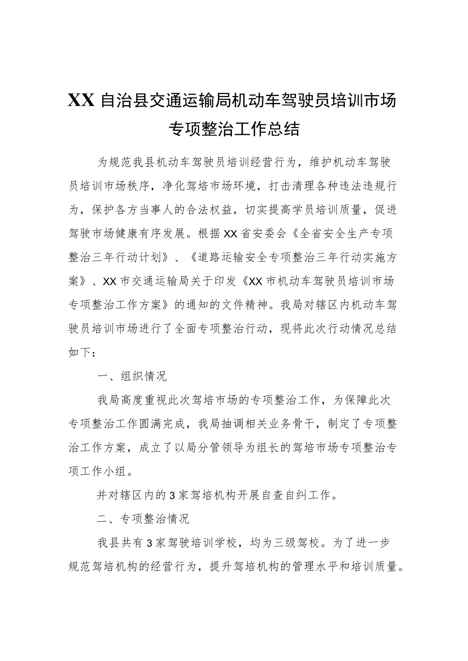 XX自治县交通运输局机动车驾驶员培训市场专项整治工作总结.docx_第1页