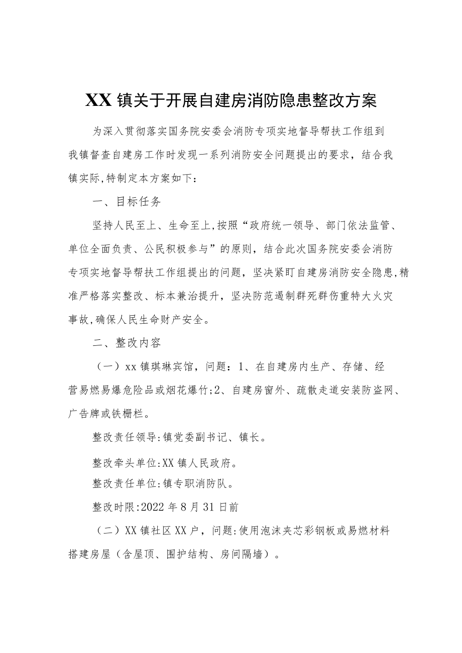 XX镇关于开展自建房消防隐患整改方案.docx_第1页