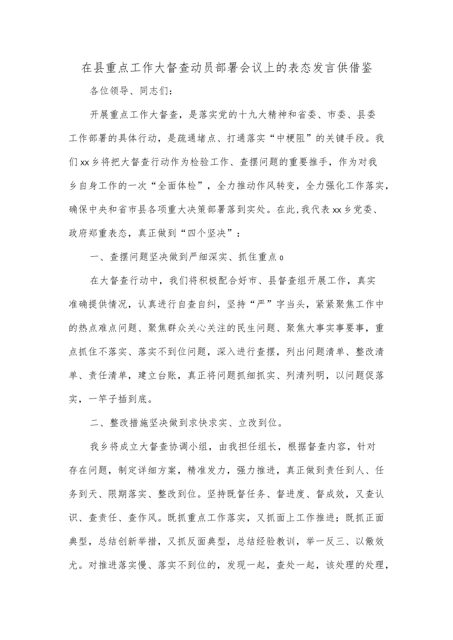 在县重点工作大督查动员部署会议上的表态发言供借鉴.docx_第1页