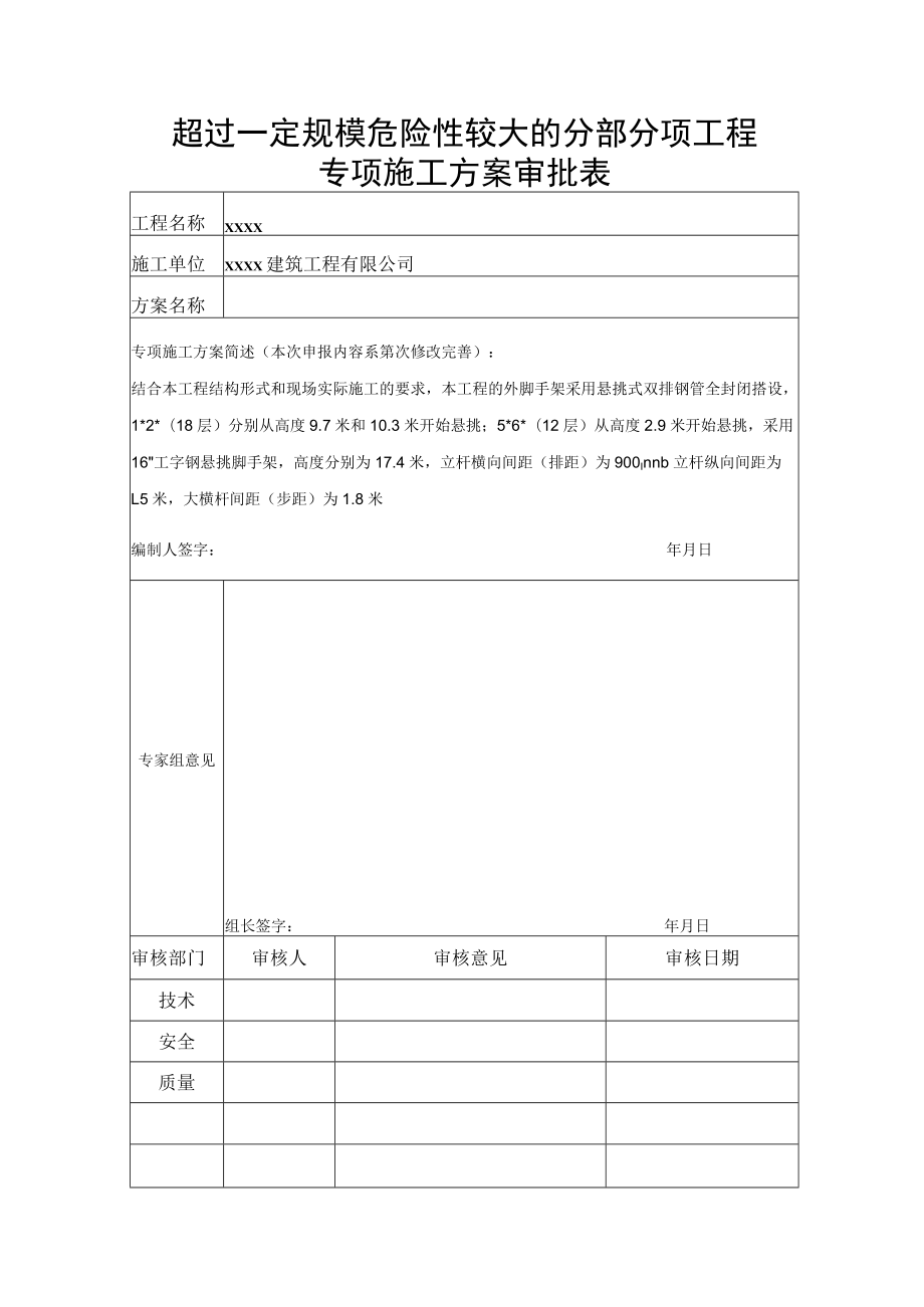 超过一定规模危险性较大的分部分项工程专项施工方案审批表.docx_第1页