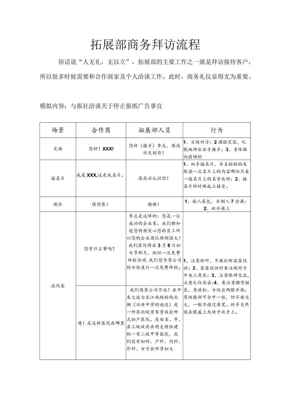 妇产医院拓展部商务拜访流程.docx_第1页