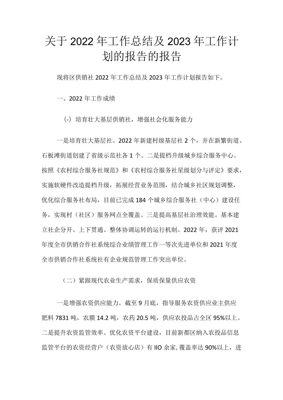 关于2022年工作总结及2023年工作计划 的报告的报告.docx_第1页