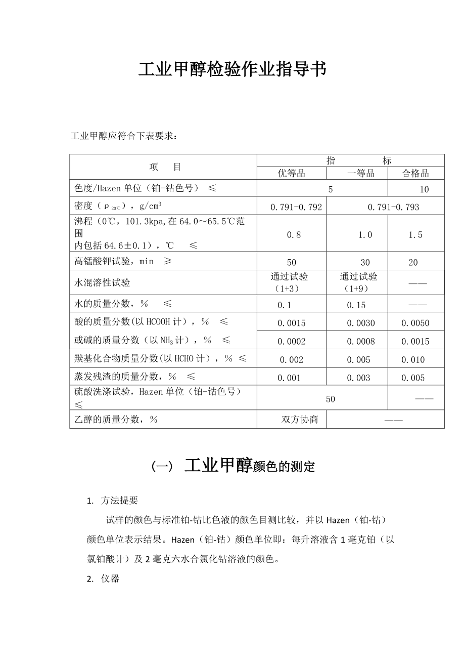 工业甲醇检验作业指导书.doc_第1页