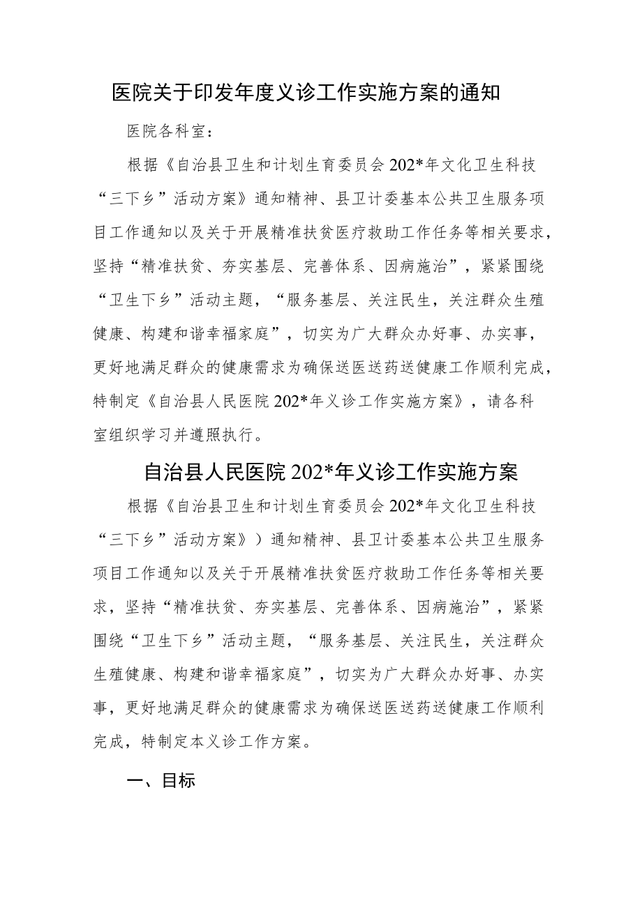 医院关于印发年度义诊工作实施方案的通知.docx_第1页