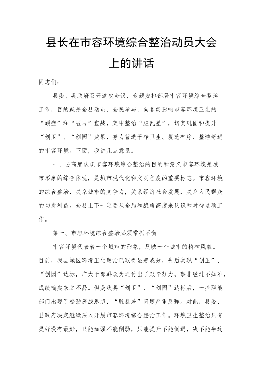 县长在市容环境综合整治动员大会上的讲话.docx_第1页