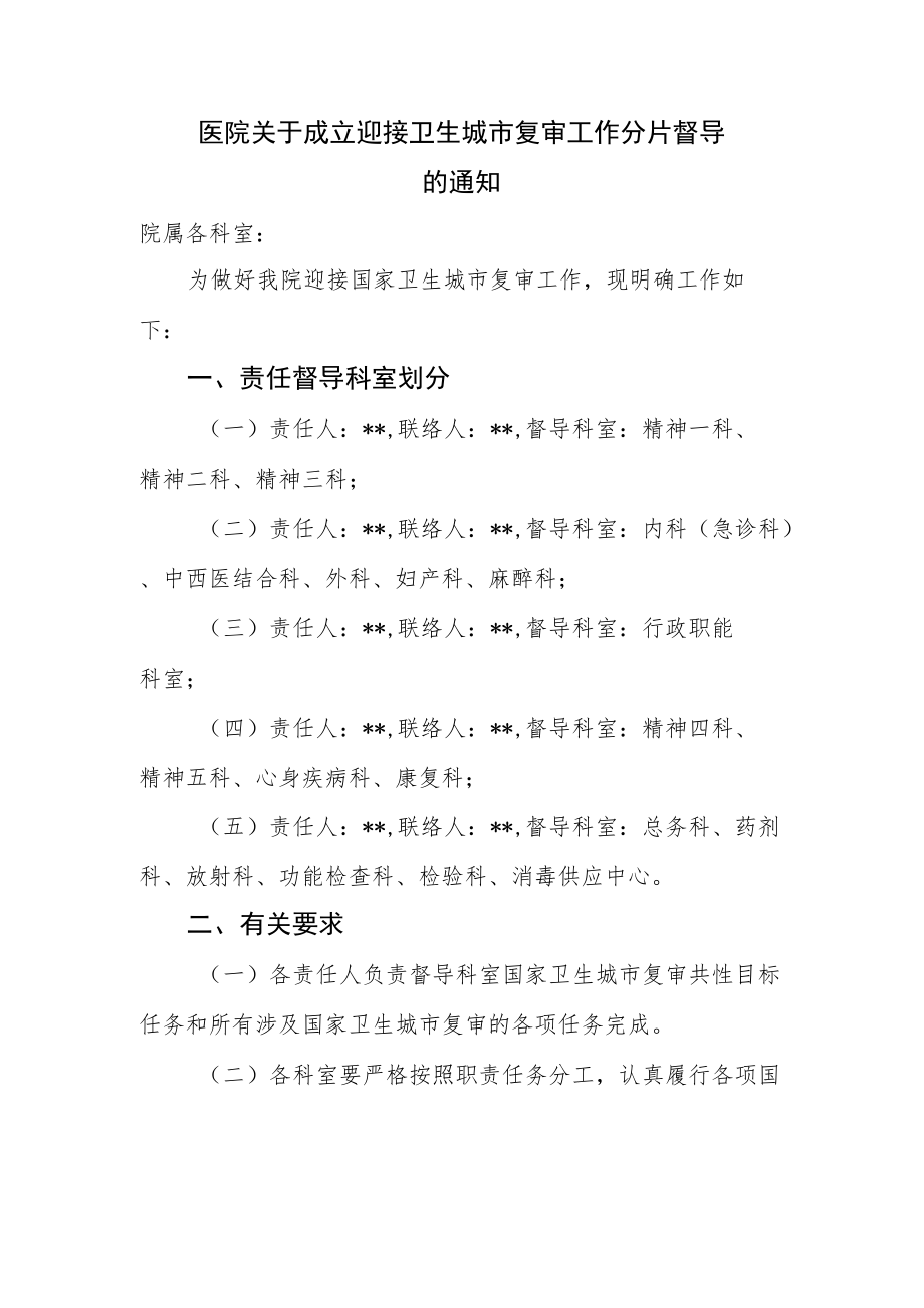 医院关于成立迎接卫生城市复审工作分片督导的通知.docx_第1页