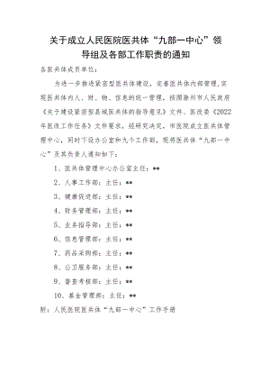 关于成立人民医院医疗健康服务集团医共体“九部一中心”领导组及各部工作职责的通知.docx