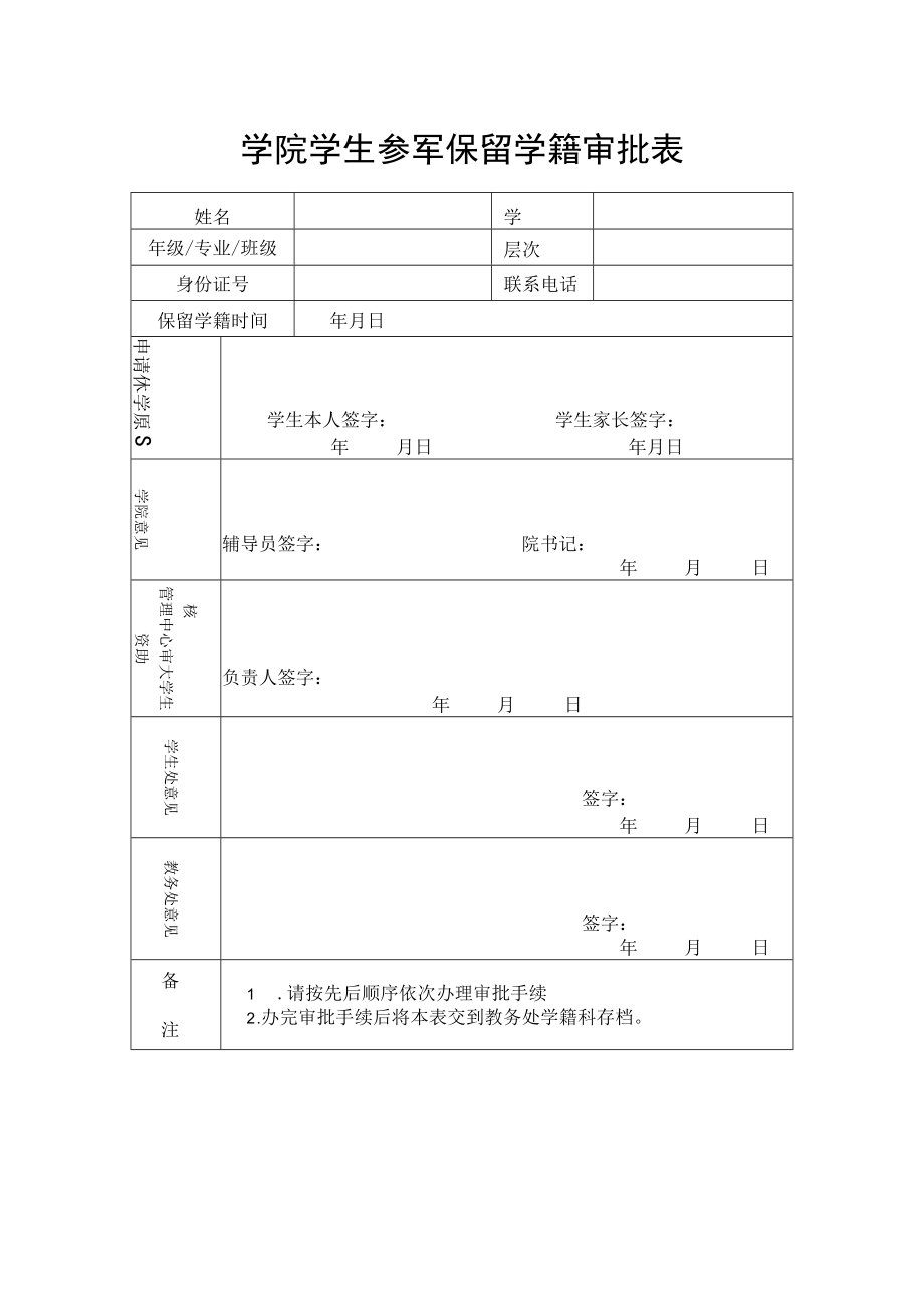 学院学生参军保留学籍审批表.docx_第1页