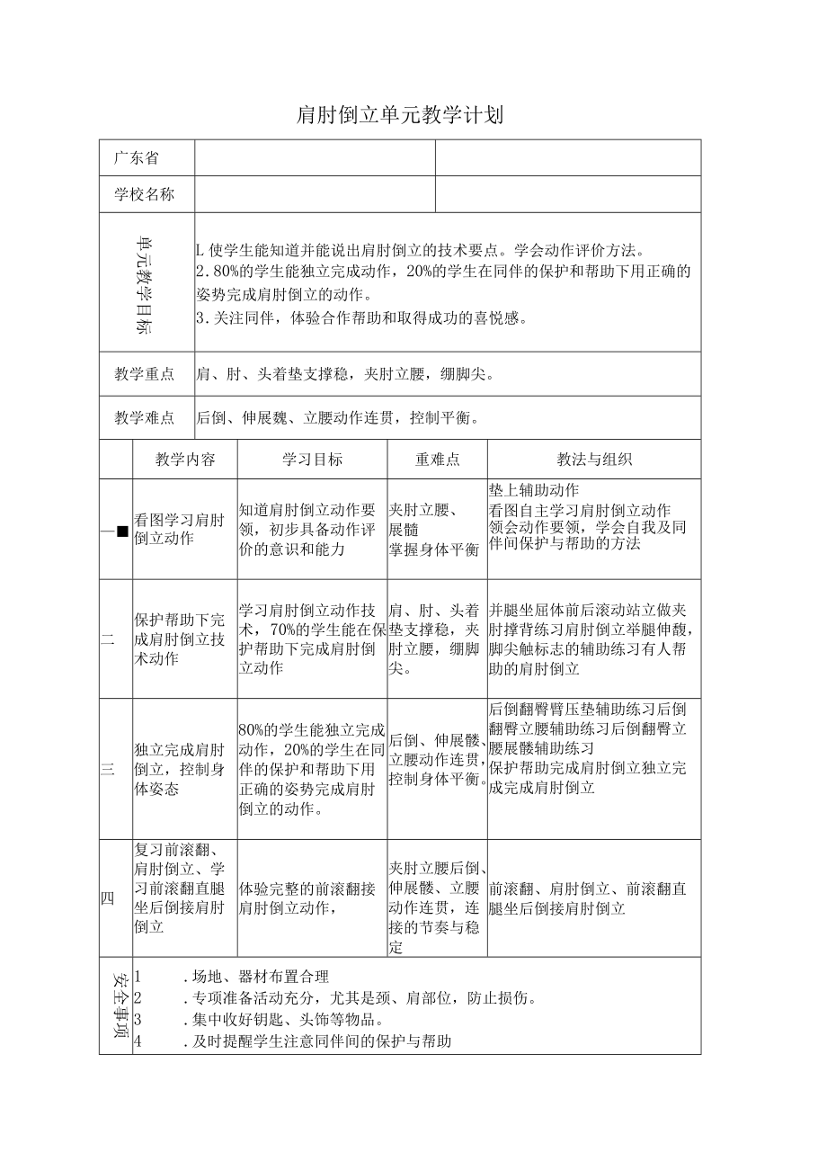 小学体育六年级肩肘倒立单元教学设计.docx_第2页