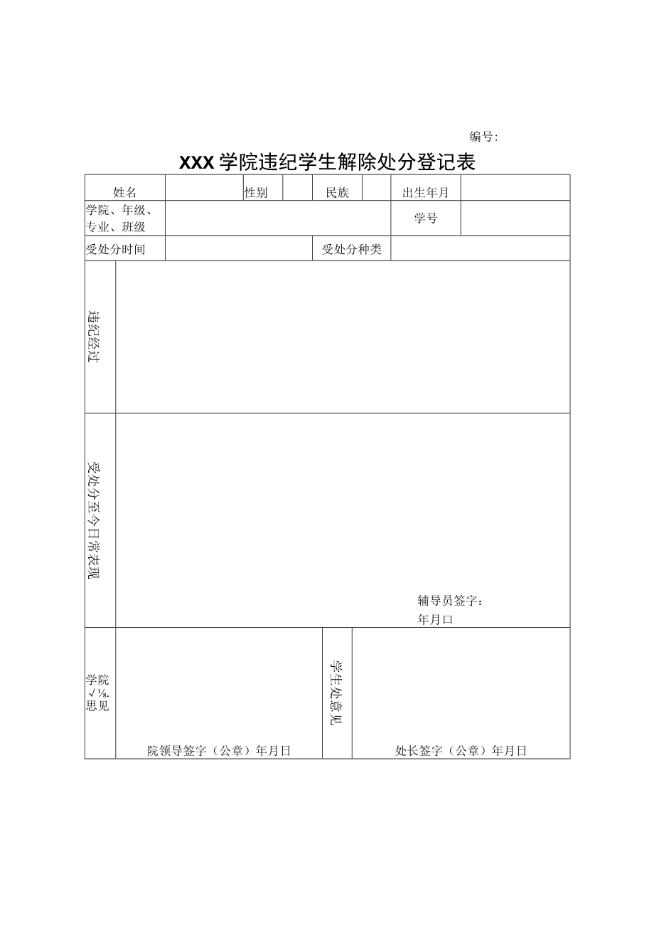 学院违纪学生解除处分登记表.docx_第1页