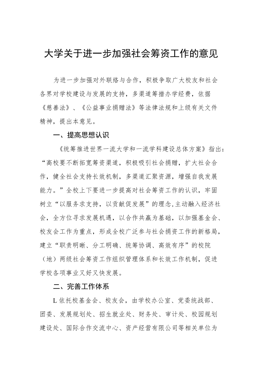 大学关于进一步加强社会筹资工作的意见.docx_第1页