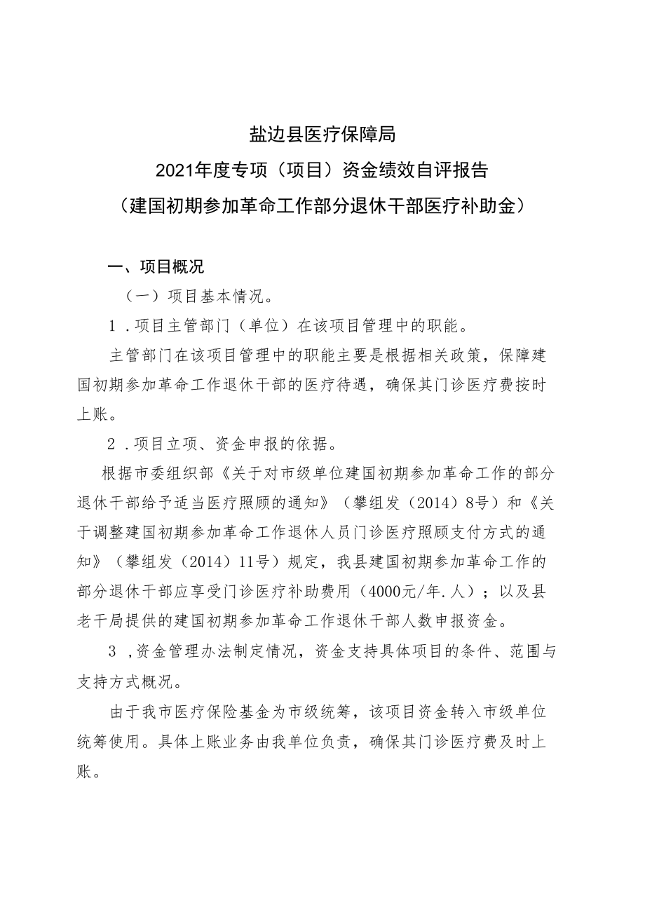 盐边县医疗保障局2021年度专项项目资金绩效自评报告.docx_第1页