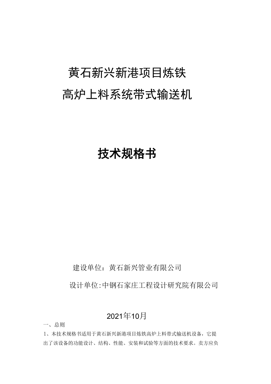 黄石新兴新港项目炼铁高炉上料系统带式输送机技术规格书.docx_第1页