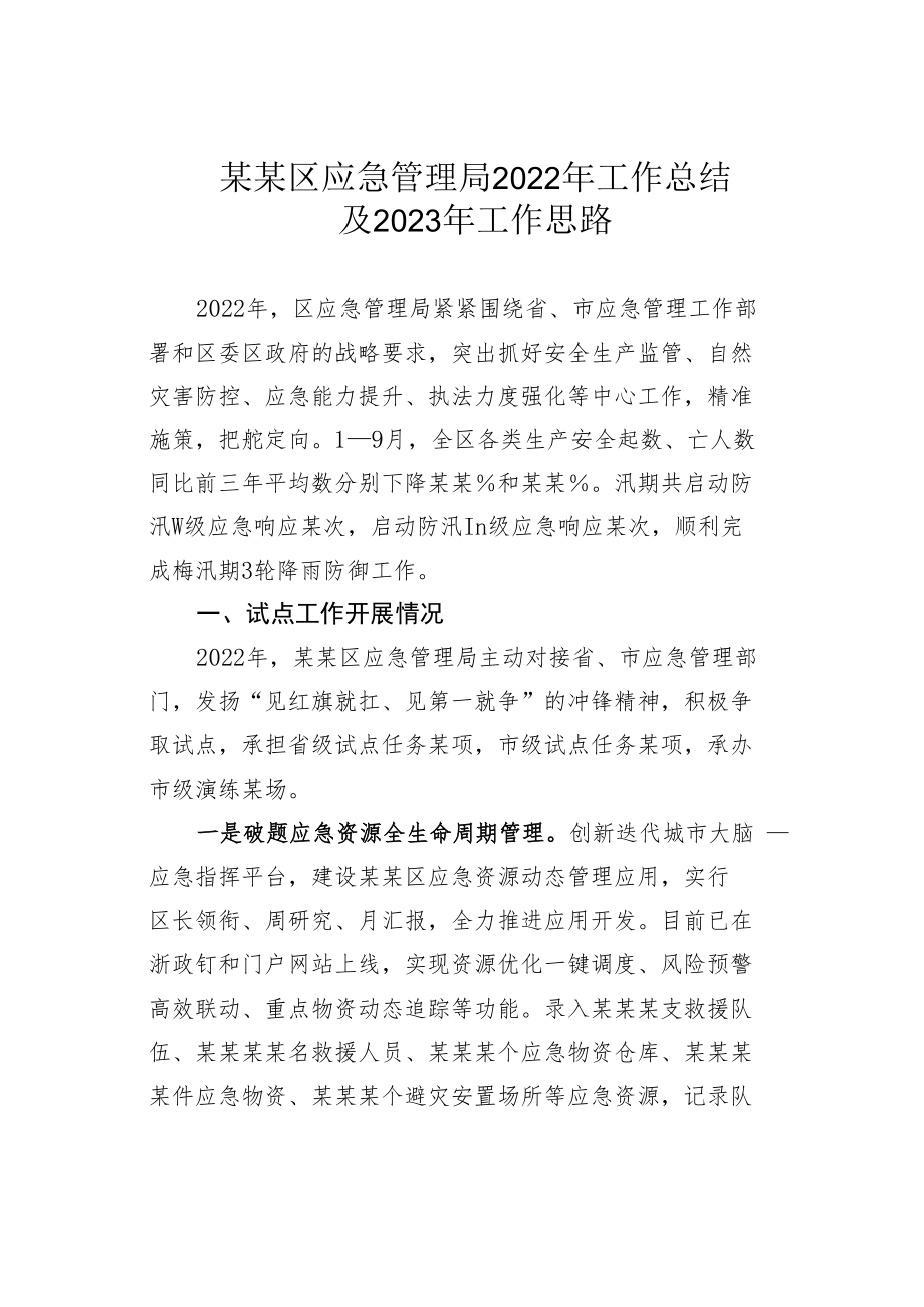 某某区应急管理局2022年工作总结及2023年工作思路.docx_第1页