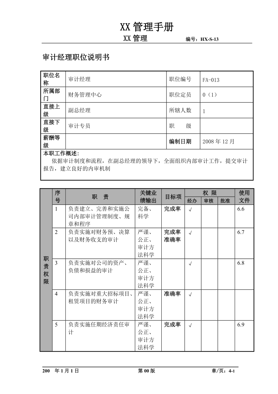 某航空物流公司审计经理职位说明书及关键绩效标准.docx_第1页